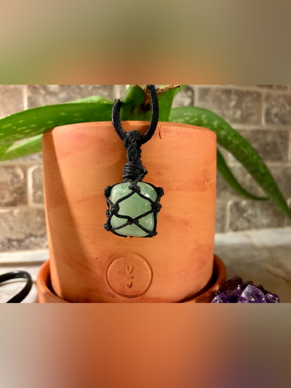 Green Adventurine Stone Macrame Pendant Necklace - Unbranded